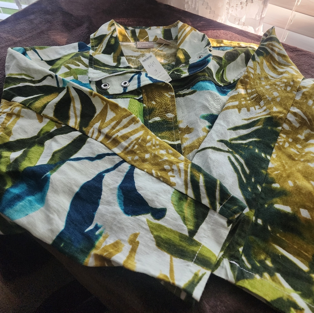 Chico's Tropical Leaf Print  Linen Shirt Size 3